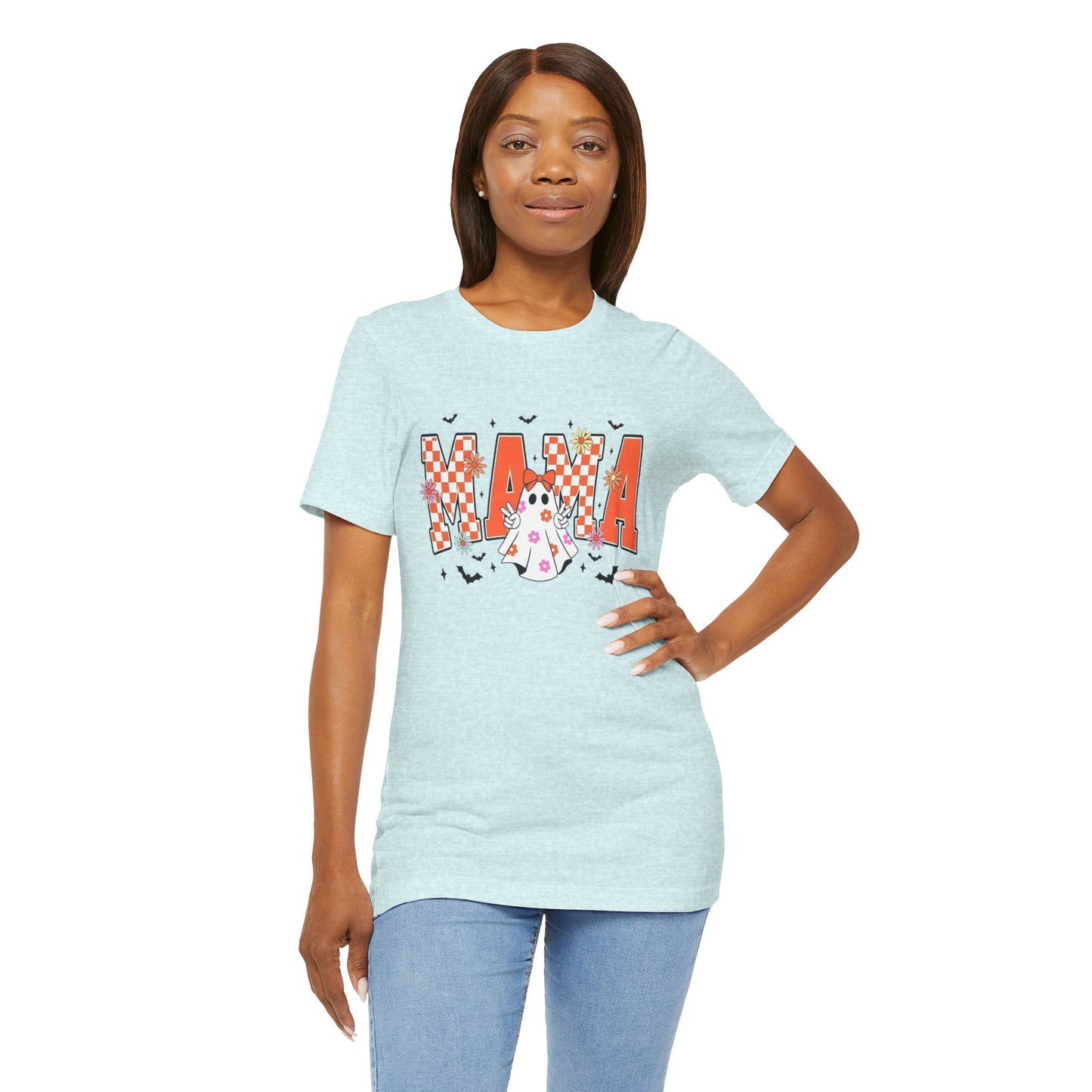 Mama Halloween T-Shirt — Cute Ghost & Checkerboard Lettering