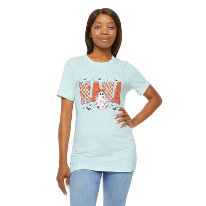 Mama Halloween T-Shirt — Cute Ghost & Checkerboard Lettering