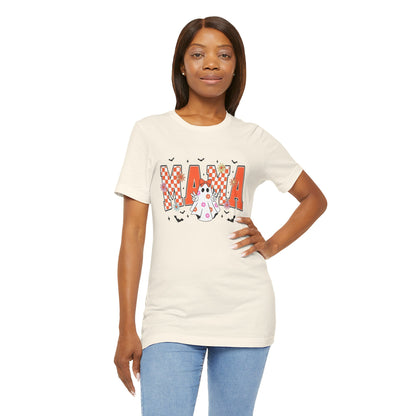 Mama Halloween T-Shirt — Cute Ghost & Checkerboard Lettering
