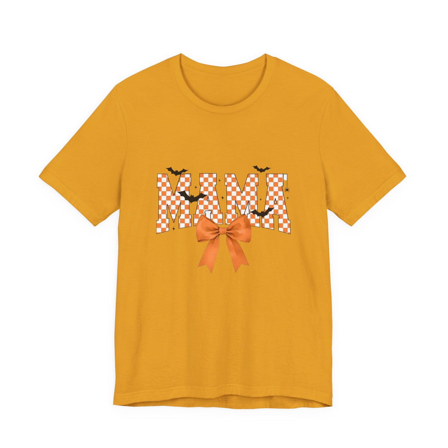 Mami Halloween Tee — Orange Checker 'MAMI' with Bow & Bats