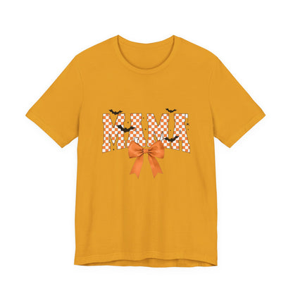 Mami Halloween Tee — Orange Checker 'MAMI' with Bow & Bats