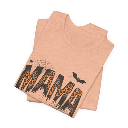 Mama Halloween Tee — Leopard Drip "MAMA" with Bats & Spiders Halloween Shirt