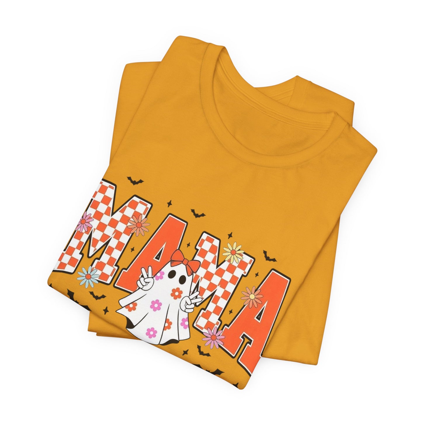 Mama Halloween T-Shirt — Cute Ghost & Checkerboard Lettering