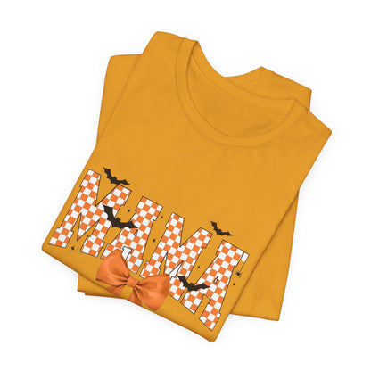 Mami Halloween Tee — Orange Checker 'MAMI' with Bow & Bats
