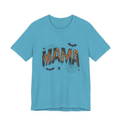 Mama Halloween Tee — Leopard Drip "MAMA" with Bats & Spiders Halloween Shirt