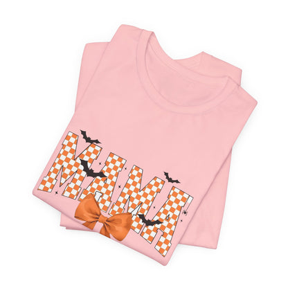 Mami Halloween Tee — Orange Checker 'MAMI' with Bow & Bats