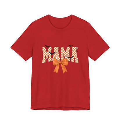 Mami Halloween Tee — Orange Checker 'MAMI' with Bow & Bats