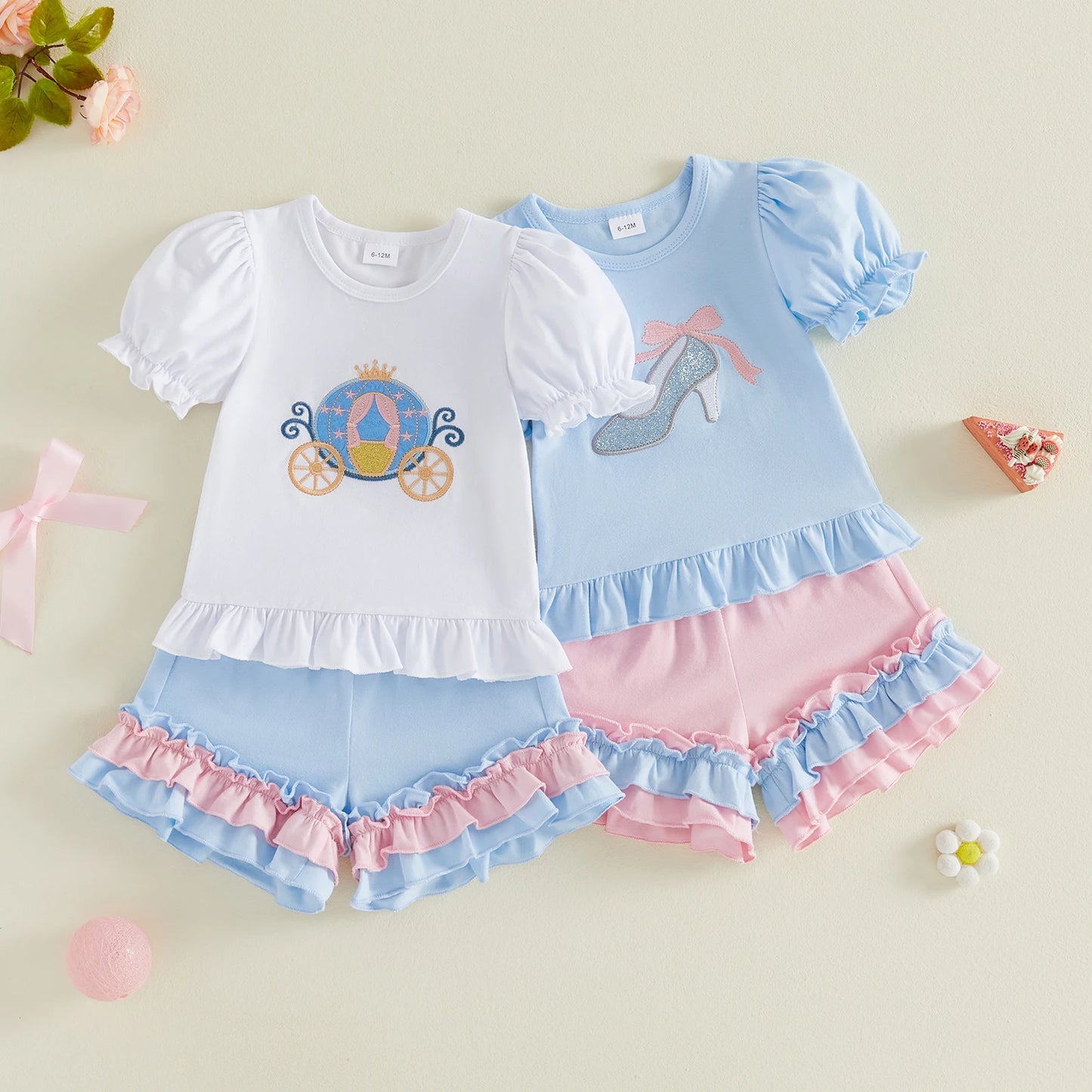 Toddler Baby Girl Summer Outfit Set | Princess Carriage & High Heel Shoe Embroidery Top with Ruffle Shorts | 2 Piece Boutique Set