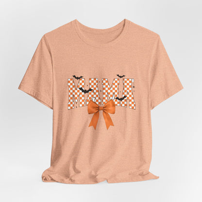 Mami Halloween Tee — Orange Checker 'MAMI' with Bow & Bats