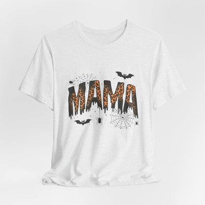 Mama Halloween Tee — Leopard Drip "MAMA" with Bats & Spiders Halloween Shirt