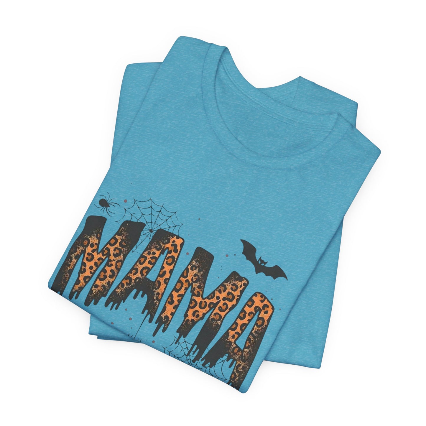 Mama Halloween Tee — Leopard Drip "MAMA" with Bats & Spiders Halloween Shirt