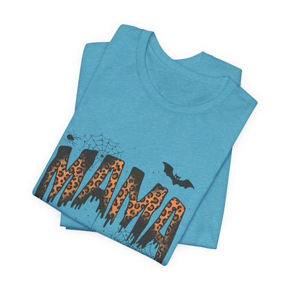 Mama Halloween Tee — Leopard Drip "MAMA" with Bats & Spiders Halloween Shirt