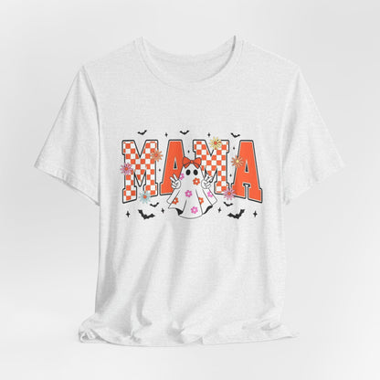 Mama Halloween T-Shirt — Cute Ghost & Checkerboard Lettering
