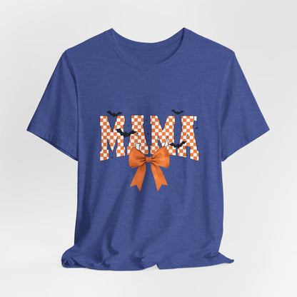 Mami Halloween Tee — Orange Checker 'MAMI' with Bow & Bats