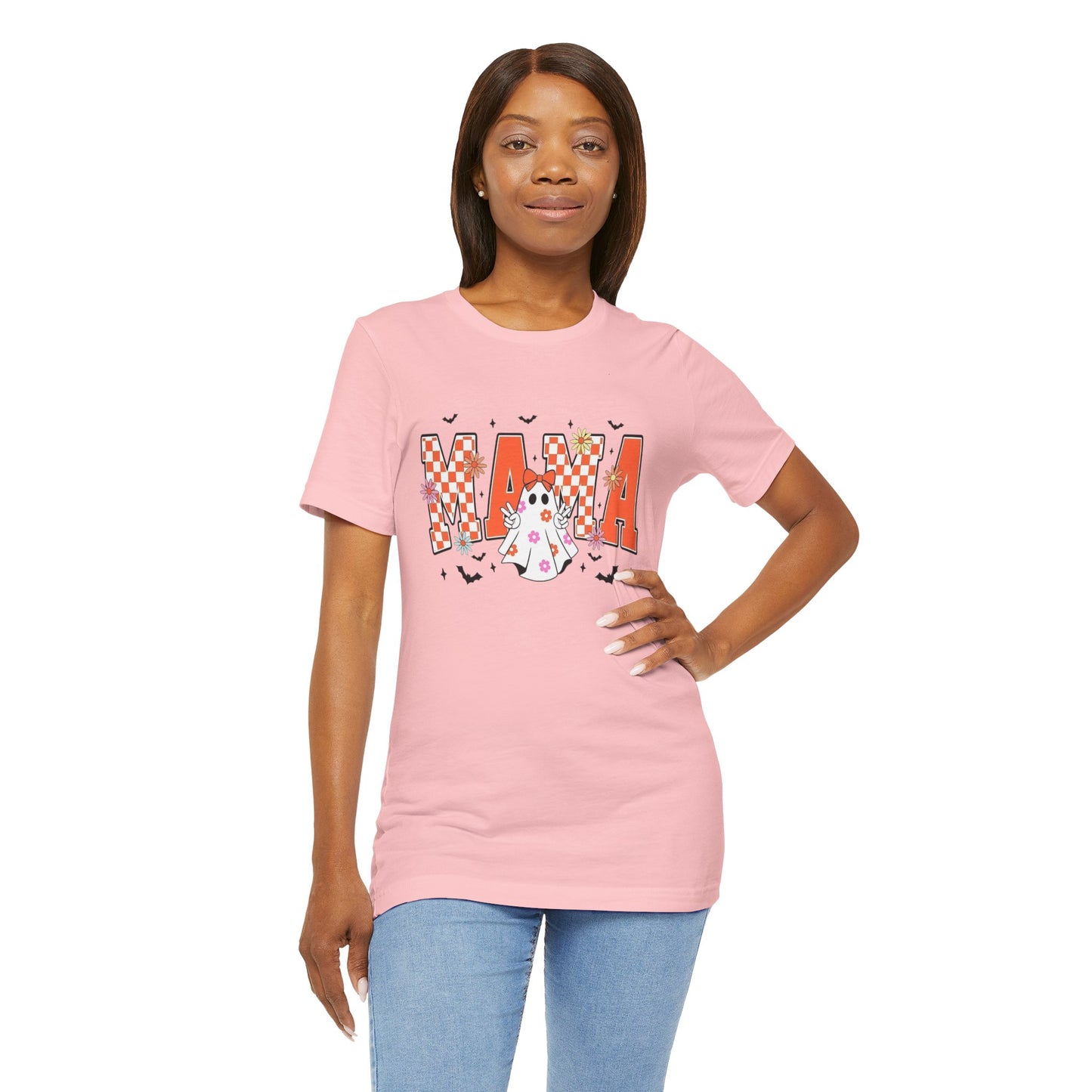 Mama Halloween T-Shirt — Cute Ghost & Checkerboard Lettering
