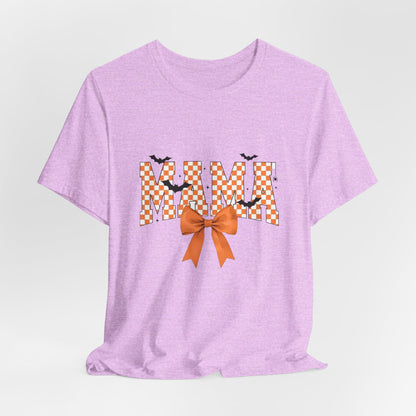 Mami Halloween Tee — Orange Checker 'MAMI' with Bow & Bats