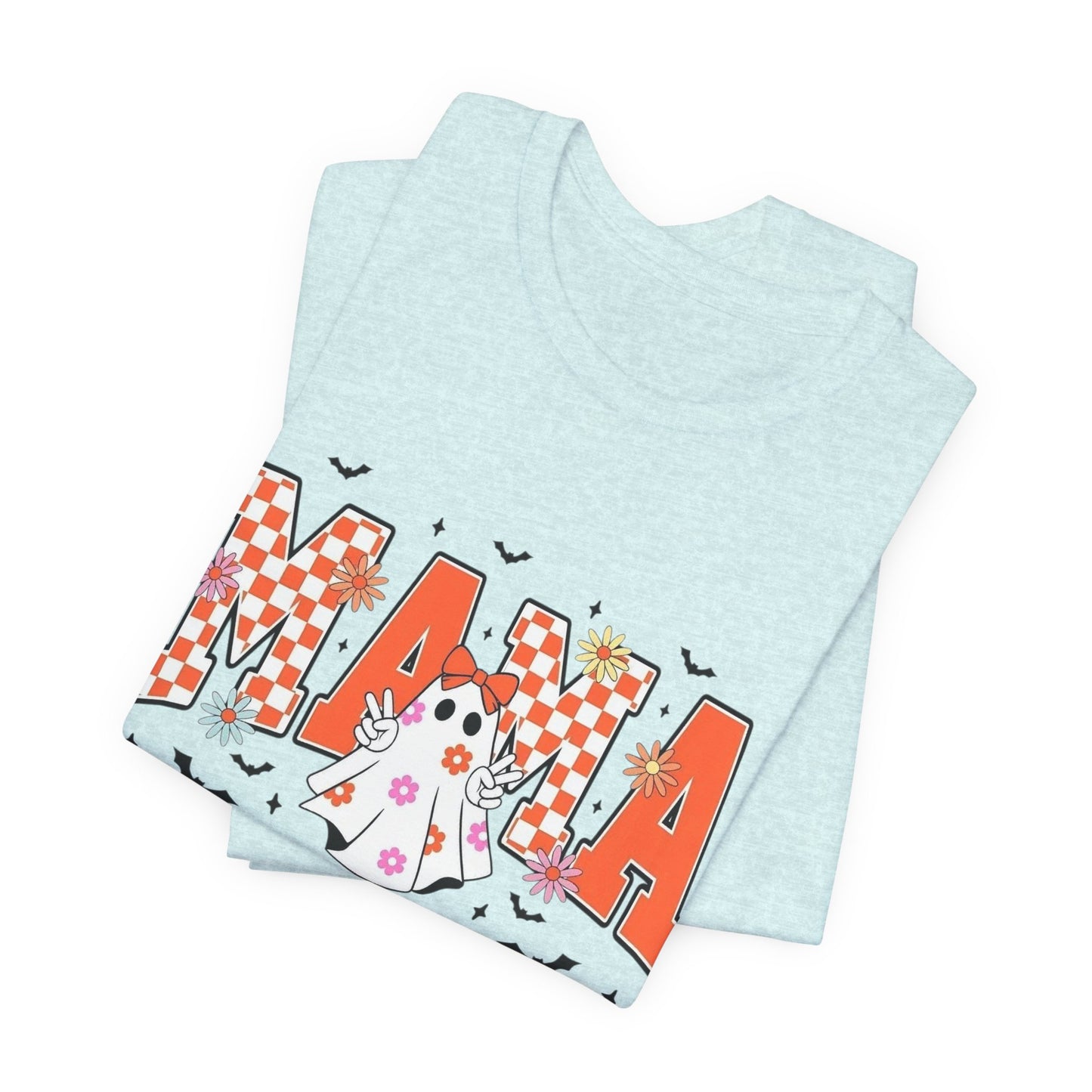 Mama Halloween T-Shirt — Cute Ghost & Checkerboard Lettering