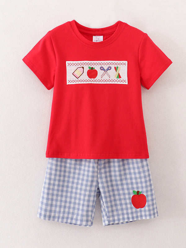 ✏️🍎 Boys’ Back to School Pencil & Apple Appliqué Plaid Shorts Set | School Outfit 🎒