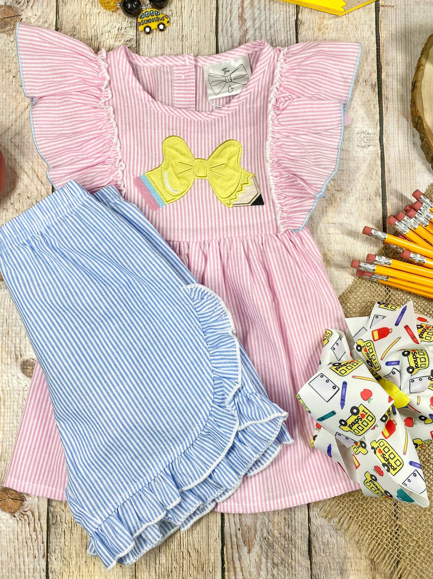 Pencil Bow Flutter Top & Ruffle Shorts Set | Girls School Outfit