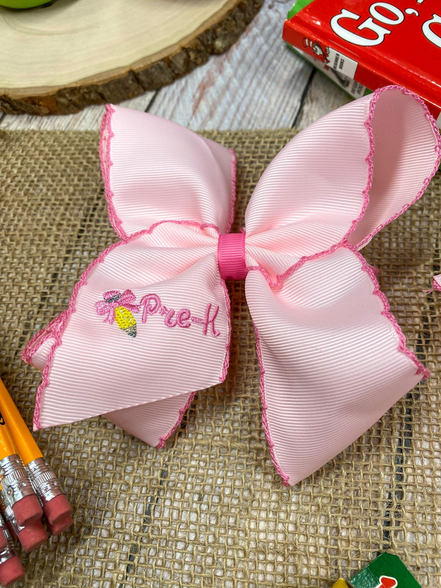 School Grade Embroidered Pencil Moonstitch Bow | Pre-K to 5th Grade