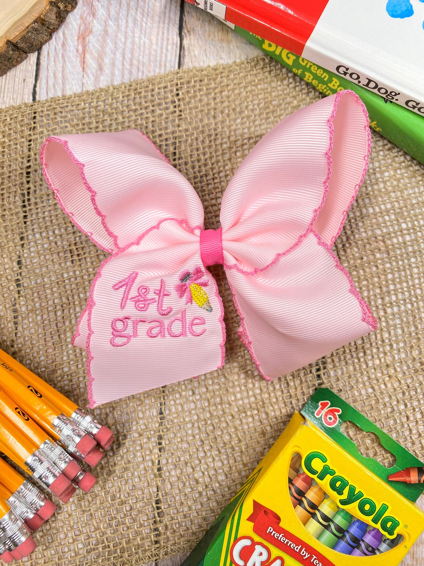 School Grade Embroidered Pencil Moonstitch Bow | Pre-K to 5th Grade