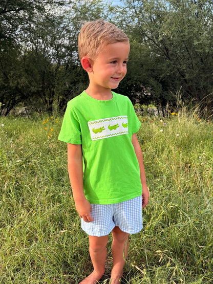 Toddler Boys Summer Crocodile Embroidered Plaid Shorts Set | Boutique Baby Boy Outfit | Animal Applique Summer Clothing