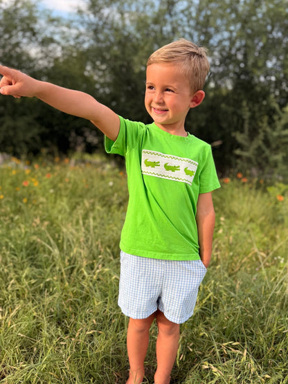Toddler Boys Summer Crocodile Embroidered Plaid Shorts Set | Boutique Baby Boy Outfit | Animal Applique Summer Clothing