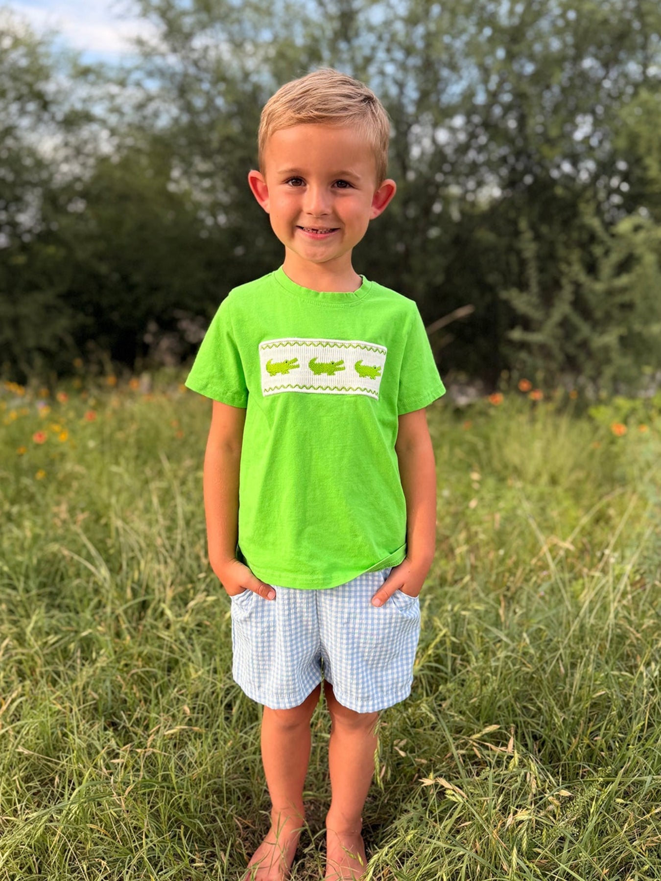Toddler Boys Summer Crocodile Embroidered Plaid Shorts Set | Boutique Baby Boy Outfit | Animal Applique Summer Clothing
