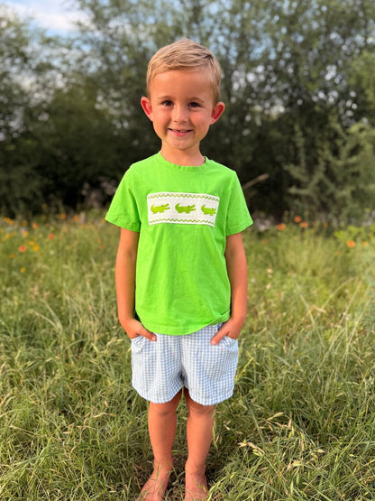 Toddler Boys Summer Crocodile Embroidered Plaid Shorts Set | Boutique Baby Boy Outfit | Animal Applique Summer Clothing