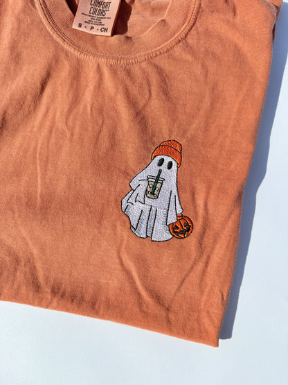 Adult Embroidered Iced Coffee Ghost Comfort Colors Tee - more colors
