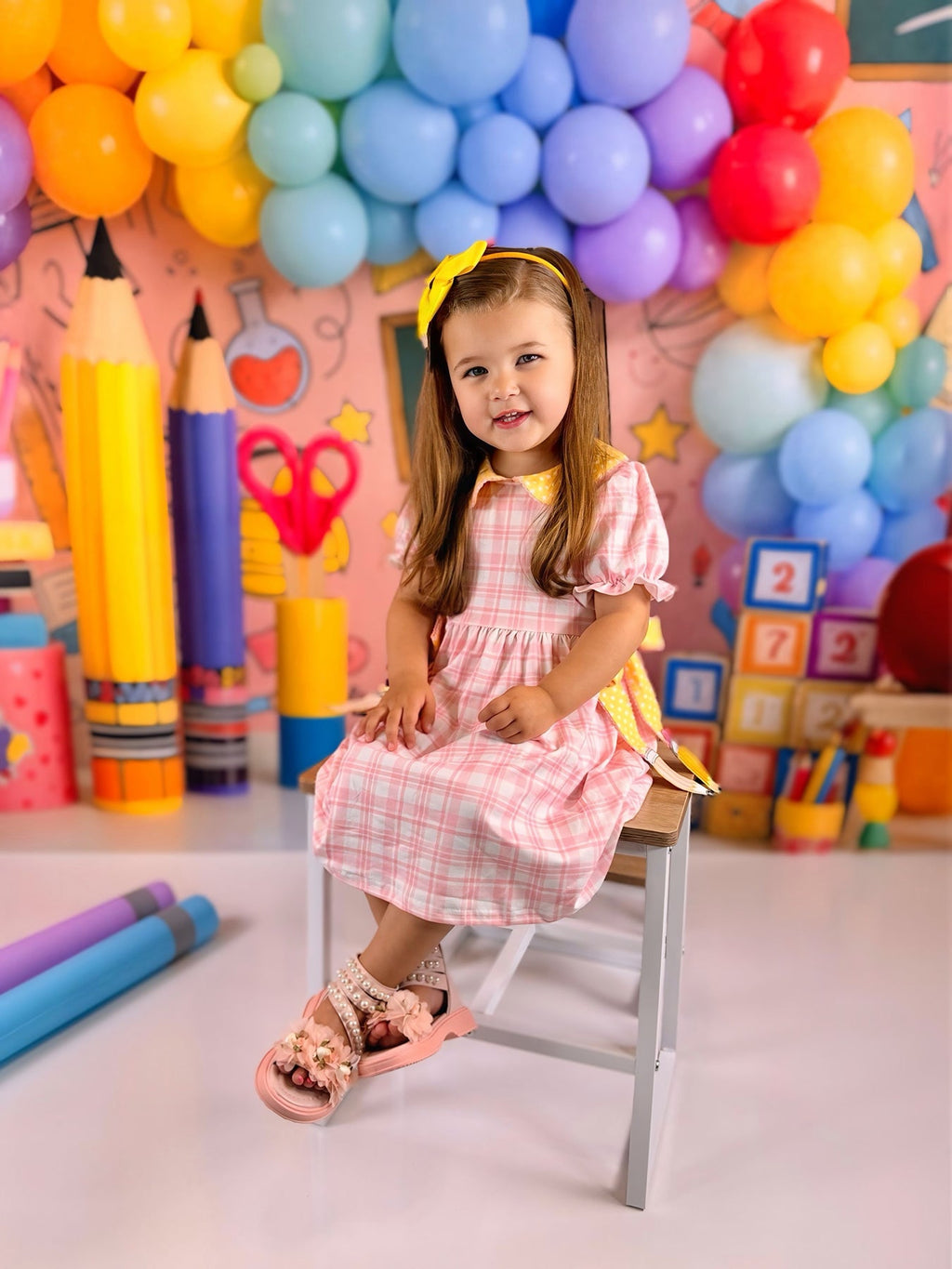 Girls Back To School Pencil Twirl Dress Bow Applique Smocked