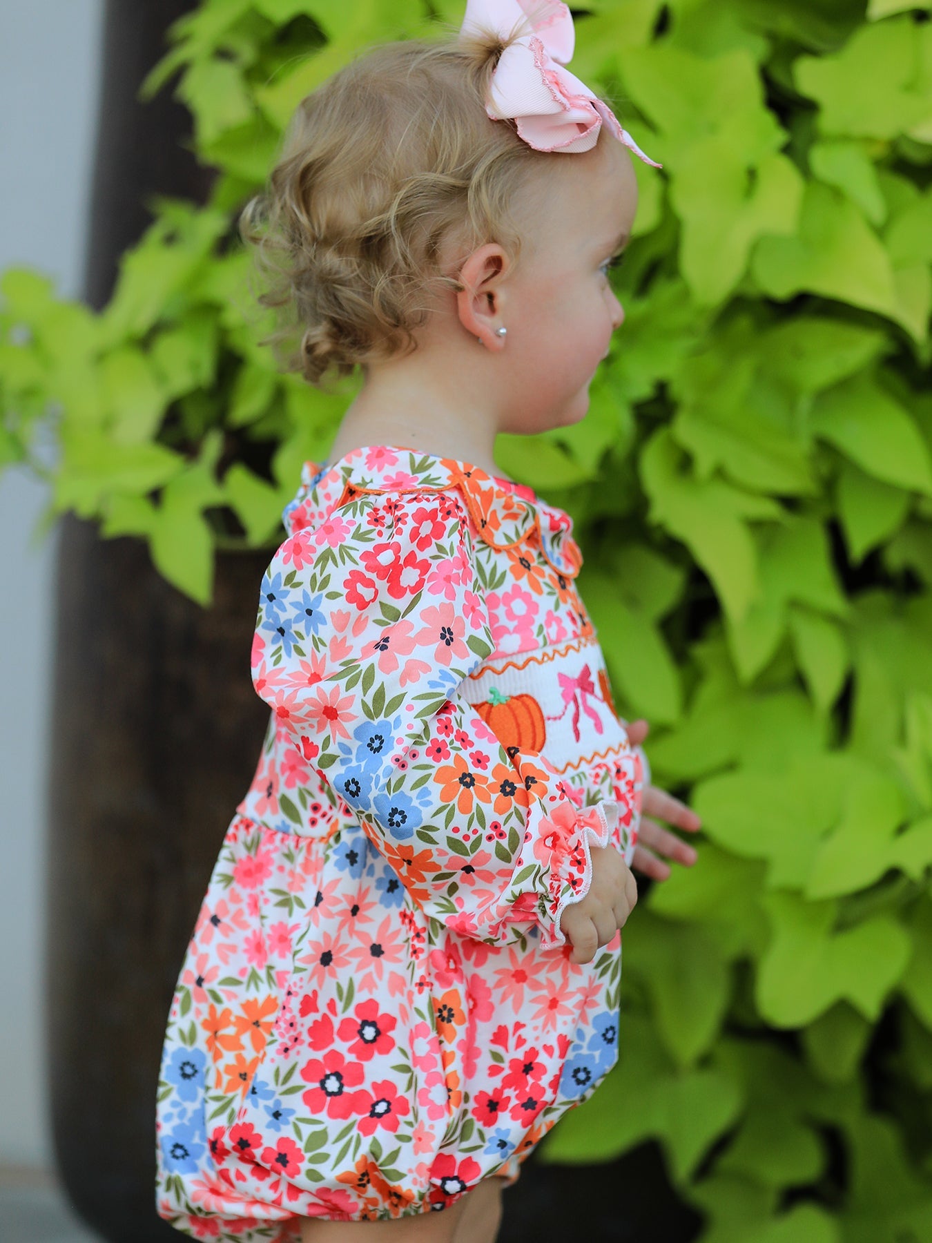 🎃 Fall Halloween & Thanksgiving Pumpkin Bow Smock Embroidered Floral Baby Girl Romper | Boutique Autumn Holiday Outfit