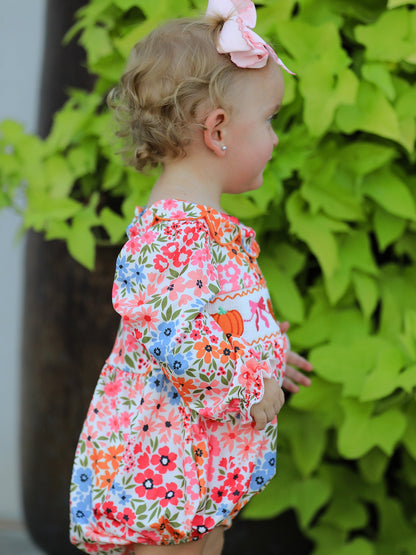 🎃 Fall Halloween & Thanksgiving Pumpkin Bow Smock Embroidered Floral Baby Girl Romper | Boutique Autumn Holiday Outfit