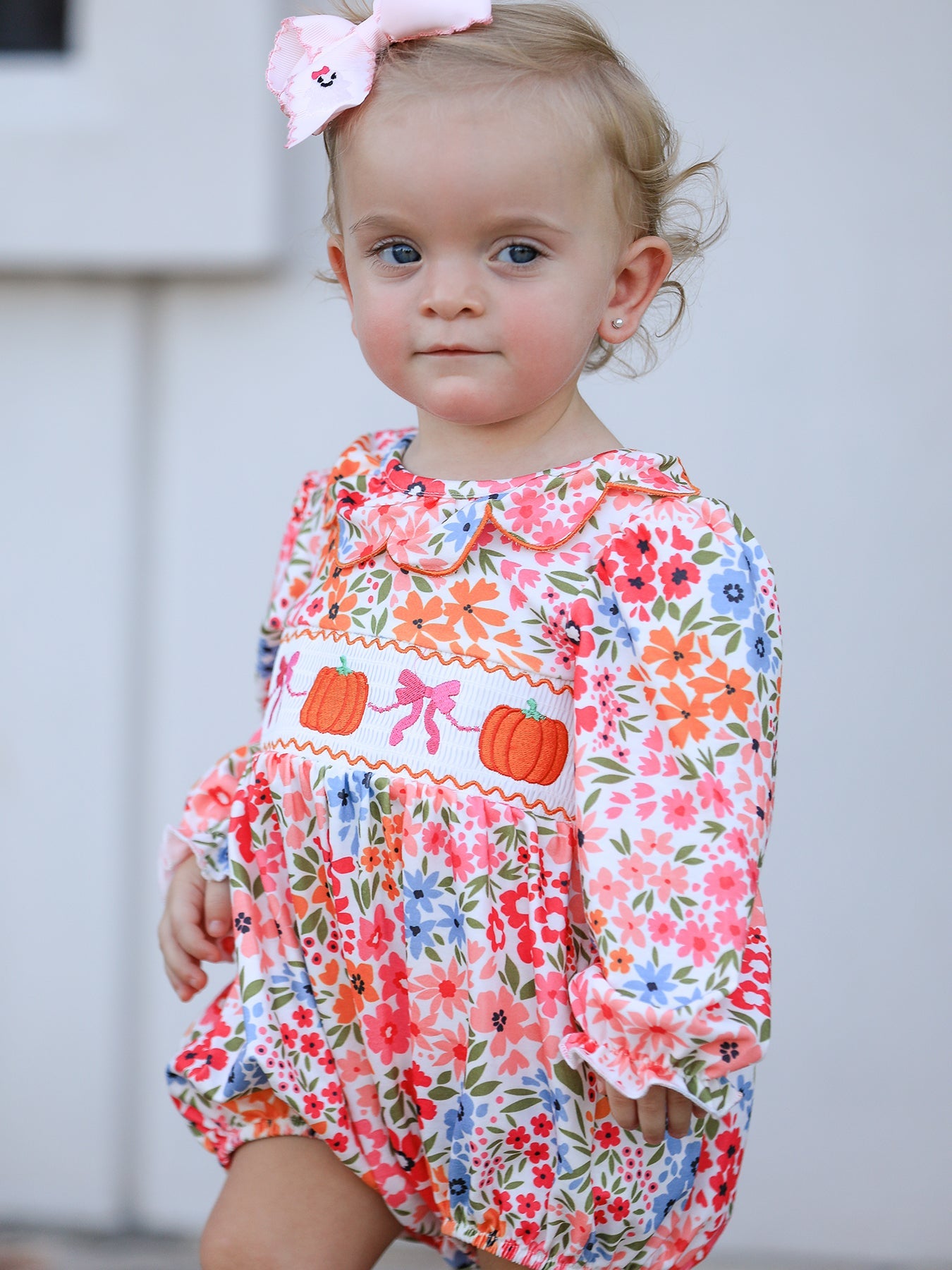 🎃 Fall Halloween & Thanksgiving Pumpkin Bow Smock Embroidered Floral Baby Girl Romper | Boutique Autumn Holiday Outfit