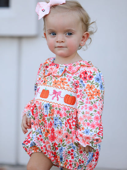 🎃 Fall Halloween & Thanksgiving Pumpkin Bow Smock Embroidered Floral Baby Girl Romper | Boutique Autumn Holiday Outfit