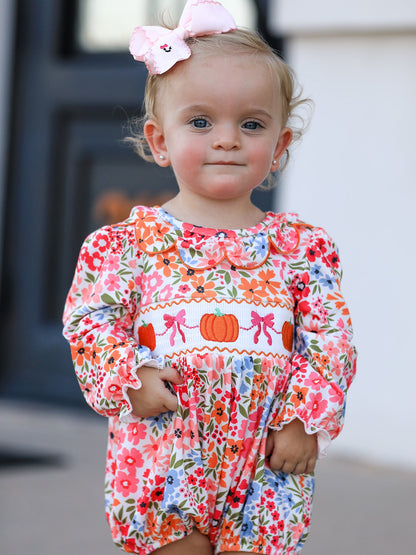 🎃 Fall Halloween & Thanksgiving Pumpkin Bow Smock Embroidered Floral Baby Girl Romper | Boutique Autumn Holiday Outfit