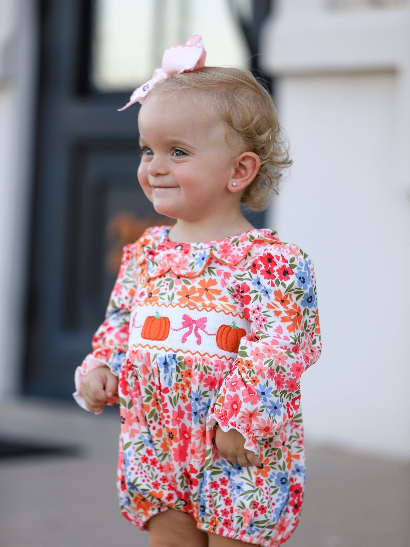 🎃 Fall Halloween & Thanksgiving Pumpkin Bow Smock Embroidered Floral Baby Girl Romper | Boutique Autumn Holiday Outfit
