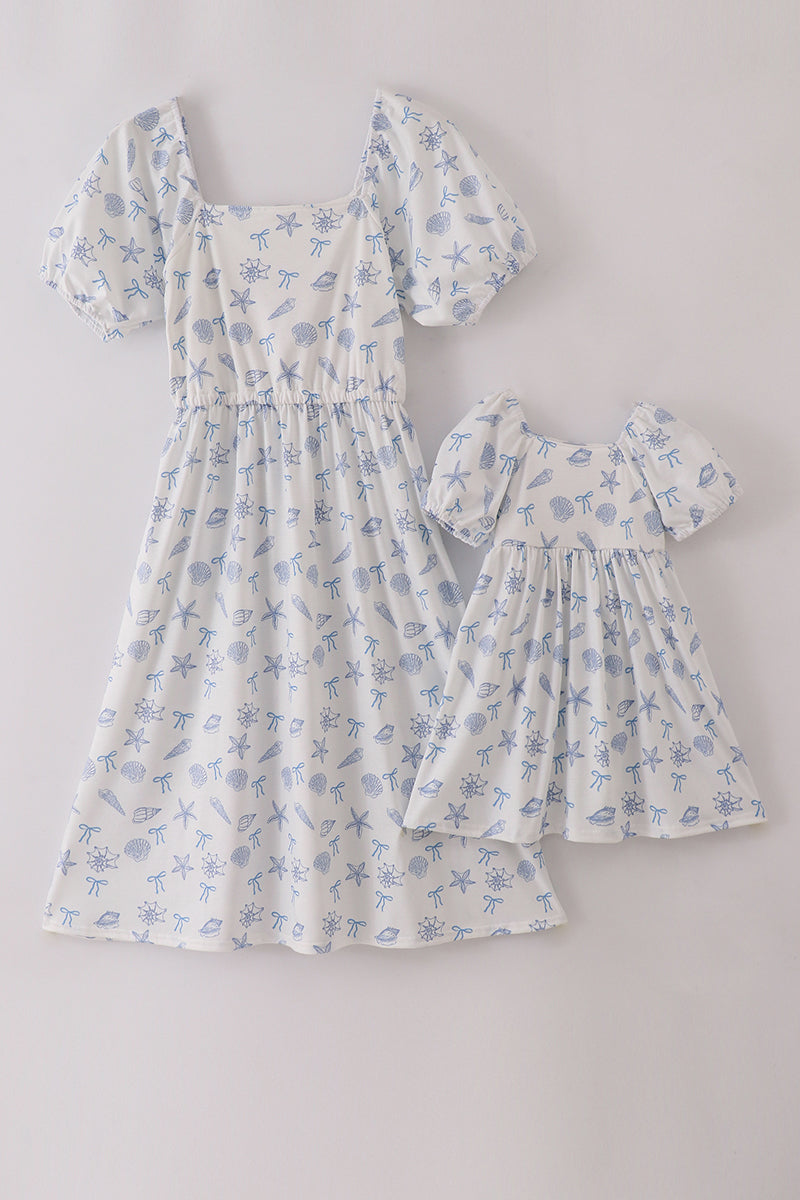Blue Seashell Bow Mommy & Me Matching Dress Set | Mother Daughter Beach Summer Outfit