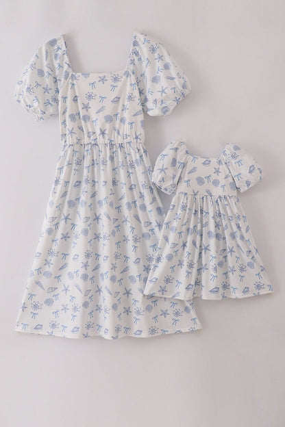 Blue Seashell Bow Mommy & Me Matching Dress Set | Mother Daughter Beach Summer Outfit