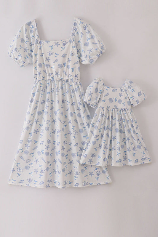 Blue Seashell Bow Mommy & Me Matching Dress Set | Mother Daughter Beach Summer Outfit