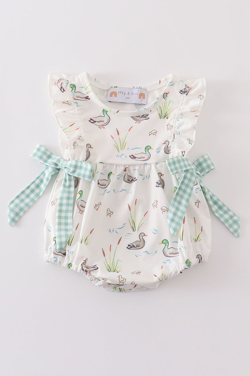 Sage Mallard Floral Bubble Romper | Baby Girl Smocked Floral Outfit | Boutique Summer Baby Clothing