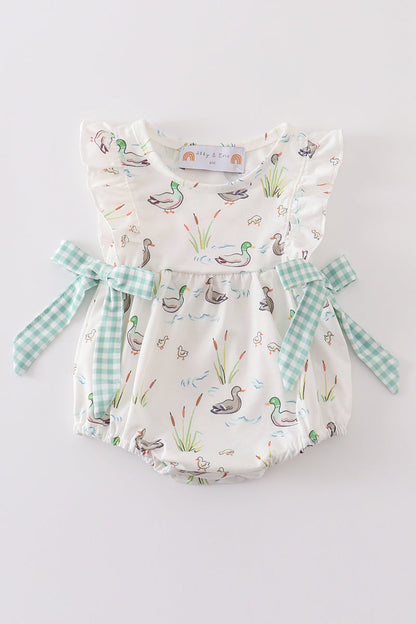 Sage Mallard Floral Bubble Romper | Baby Girl Smocked Floral Outfit | Boutique Summer Baby Clothing