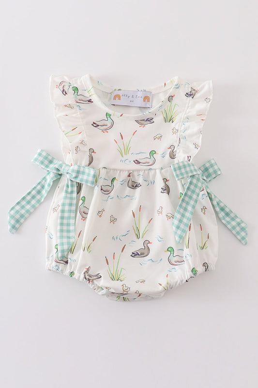 Sage Mallard Floral Bubble Romper | Baby Girl Smocked Floral Outfit | Boutique Summer Baby Clothing