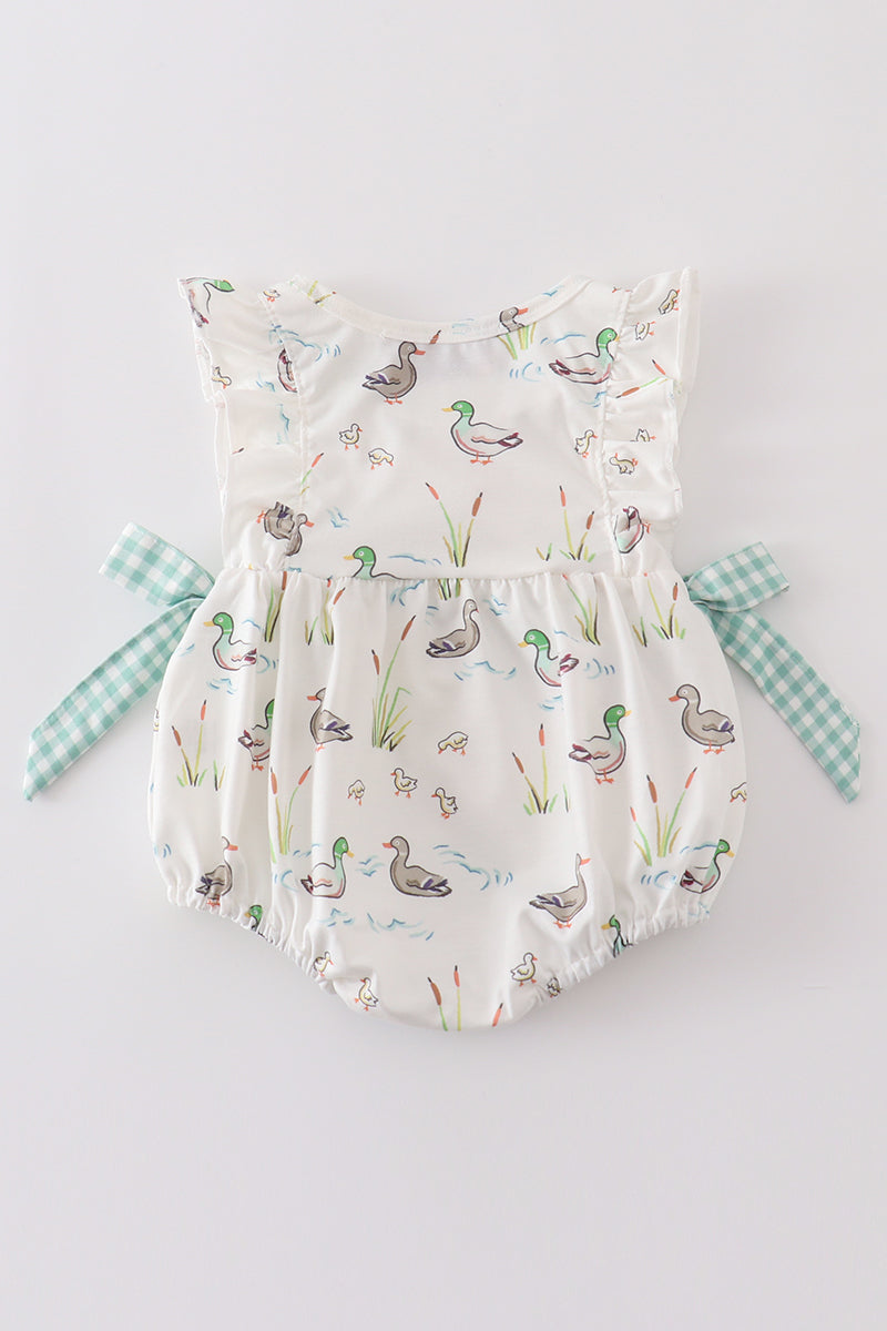 Sage Mallard Floral Bubble Romper | Baby Girl Smocked Floral Outfit | Boutique Summer Baby Clothing