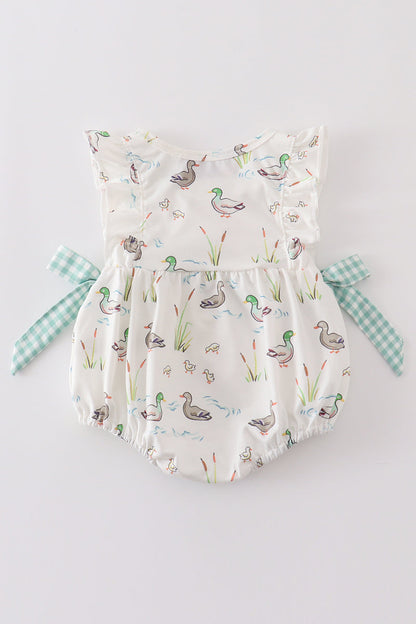 Sage Mallard Floral Bubble Romper | Baby Girl Smocked Floral Outfit | Boutique Summer Baby Clothing