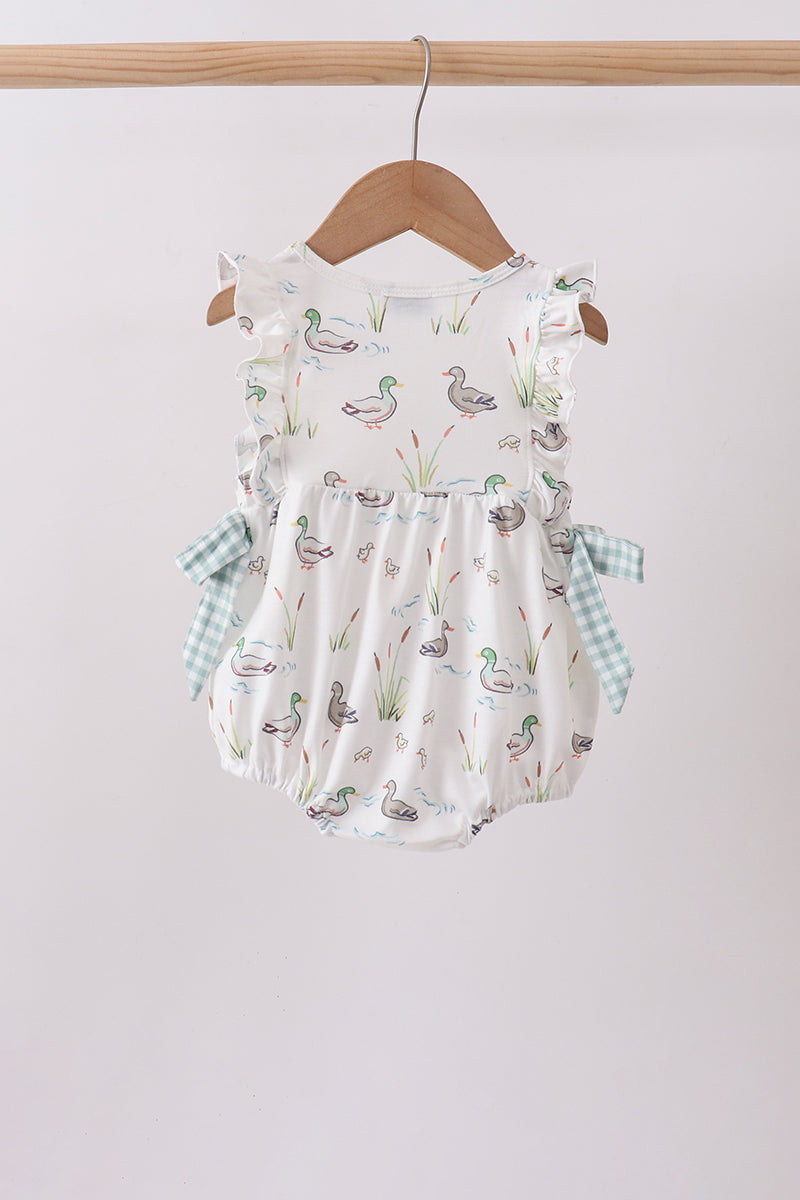 Sage Mallard Floral Bubble Romper | Baby Girl Smocked Floral Outfit | Boutique Summer Baby Clothing