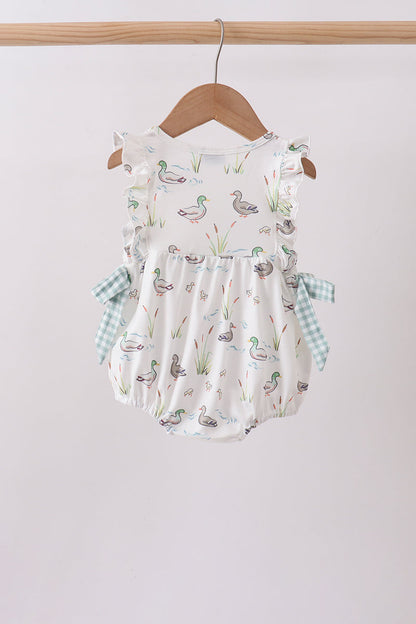 Sage Mallard Floral Bubble Romper | Baby Girl Smocked Floral Outfit | Boutique Summer Baby Clothing