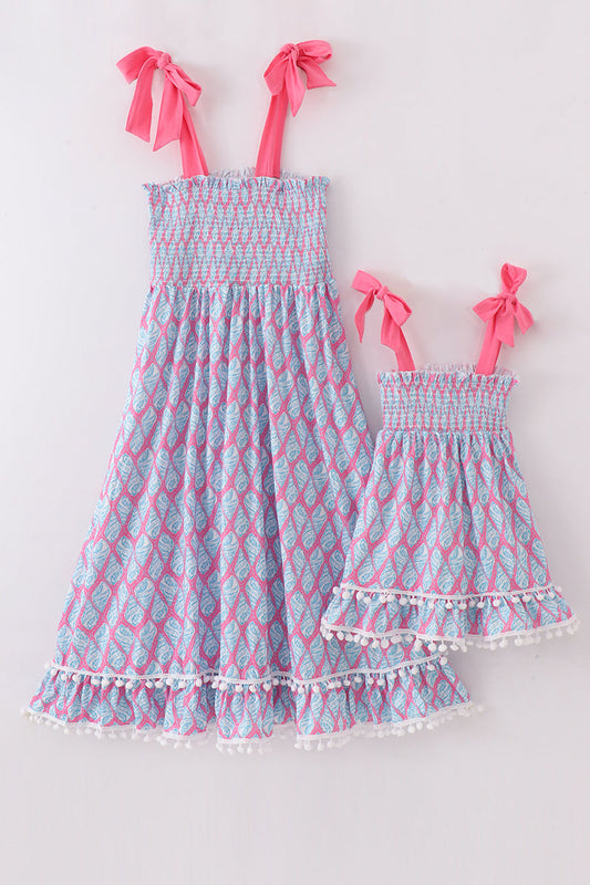 Blue Ribbon Lace Charm Smocked Mommy & Me Matching Dress Set | Mother Daughter Boutique Outfit