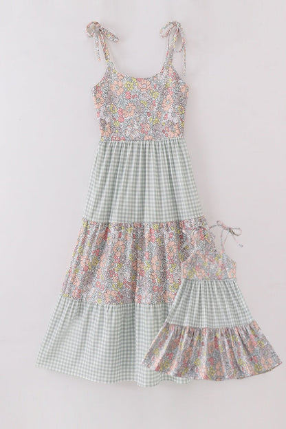Sage Pastel Floral Harmony Gingham Mommy & Me Matching Dress Set | Mother Daughter Boutique Outfit