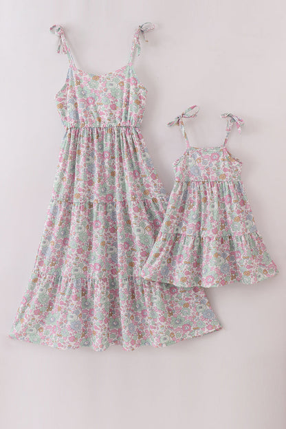 Mint Pink Floral Print Tiered Mommy & Me Matching Dress Set | Mother Daughter Boutique Outfit